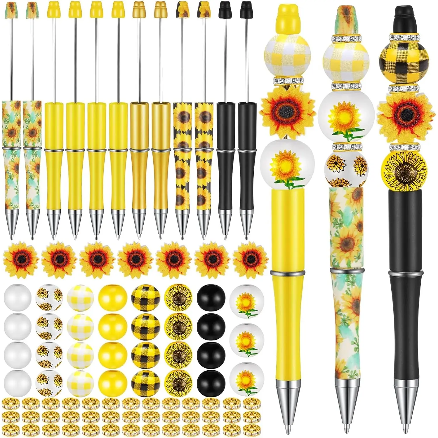 89pcs ballpoint pen set DIY jewelry making set including 12 pens, 38 beads, 39 spacer beads, office and school craft supplies, black ink ballpoint pen, sunflower grid print, beaded pen, free combination set, Unique Pens, Aesthetic Pens, Set with pen