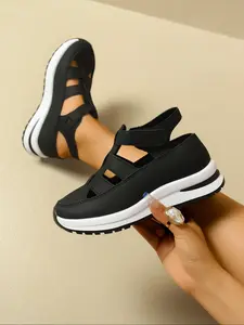 Summer New Hollow Out Breathable Casual Shoes for Women, Thick Sole Height Increasing Sandals, Magic Tape Sporty Closed Toe Slippers