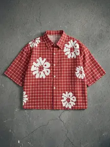 Red Plaid Shirt | Y2K Style Letter Floral Pattern Short-Sleeve Button-Up Top, Vintage Aesthetic Loose Shirt, Street Casual Summer Outfit, Trendy Checkered Fashion Shirt, Collared Shirts, Suitable for Gen Z Everyday Wear