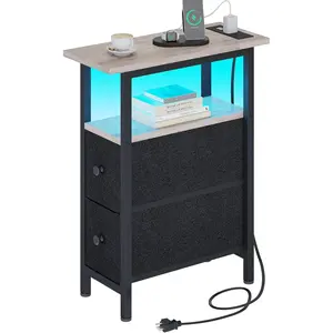 End Table with  Station, Narrow Side Table with 2 Fabric Drawers, Skinny Nightstand with LED Light, Slim Bedside Table for Bedroom, Living Room, Small Spaces, Greige and Black