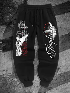 Men's Angel Print Sportswear Pants, American High Street Outdoor Casual Jogger Pants, Fitted Plain Design for Spring & Fall