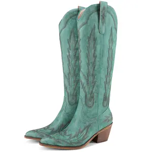 RONILURN Women's Western Cowgirl Boots - Knee-High, Embroidered, Pointed Toe, Chunky Heel, Pull-On, Fringe, Western Wear for Women, Cowboy Style Footwear for Country Concerts, Festivals