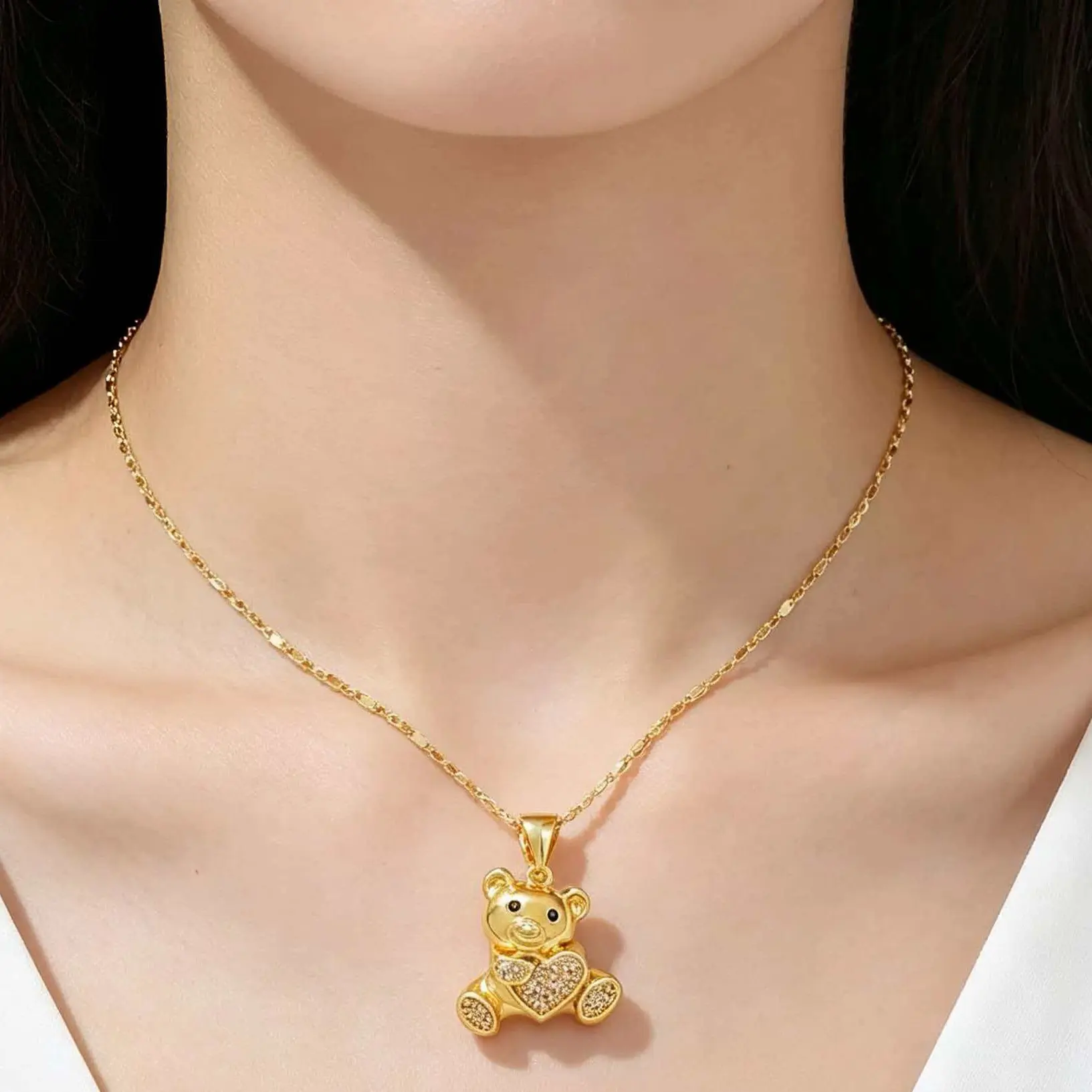Women's Gold Plated Teddy Bear Dainty Necklace, Cubic Zirconia Heart Bling Pendant, Adorable Style Exquisite Birthday Gift Jewelry, Elegant Playful Costume Accessory, Dainty Necklaces, Exquisite Jewelry Gift, Adorable Style Necklaces