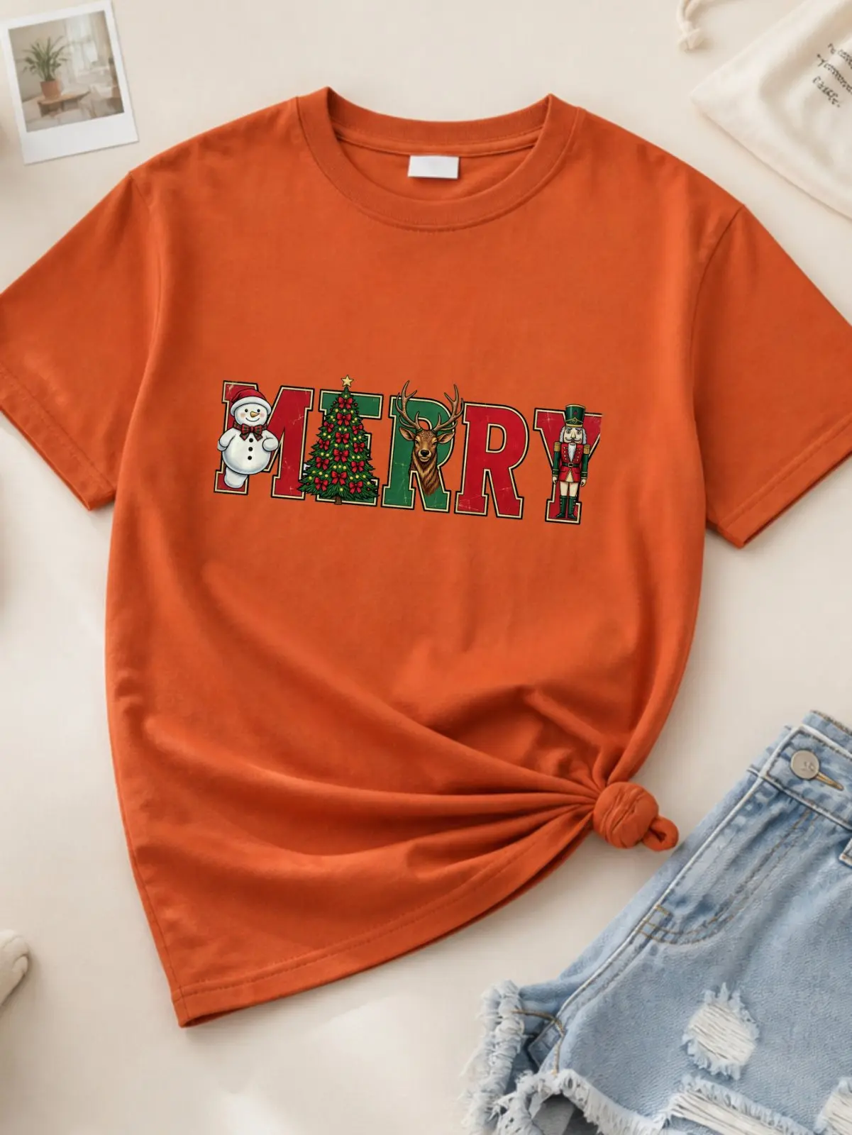 Vintage MERRY Xmas Snowman Nutcracker Graphic Women Tee,100% Cotton Relaxed‑Fit Crew Neck Short Sleeve T‑Shirt,Retro Printed Basic Top for Outdoor Casual Daily Outfits
