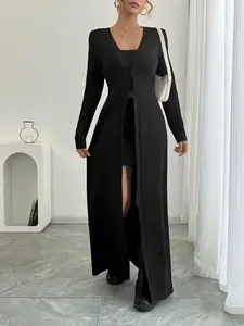 Solid Color Long Knit Cardigan, Long Sleeve, Slim Fit Slimming Effect, Drapey Outerwear, Stylish and Comfortable, Perfect for Layering, Knitwear, Womenswear