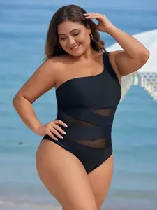 Women's Plus Size Solid Color One-Piece Swimsuit, Single Shoulder Wide Straps, Sexy Semi-Transparent Mesh Patchwork, Beach Swimming and Vacation Wear, Swimsuit Beachwear, One Shoulder Swimsuits, Stretchy Swimwear