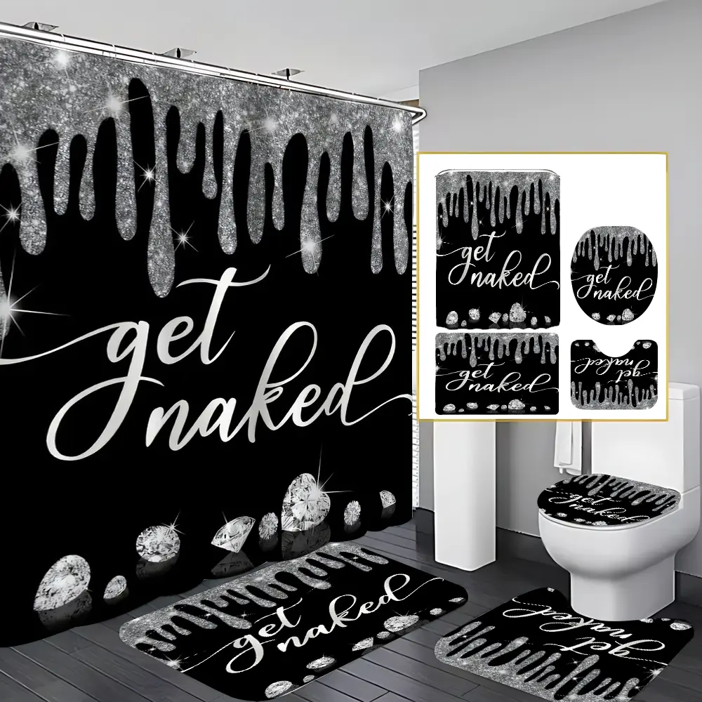 4 Pcs Diamonds Bathroom Curtain Sets with 12 Hooks,Balck Bathroom Decor Sets, Shower Curtain Set for Bathroom, Bathroom Shower Curtain,Toilet Lid Cover,Non-Slip Bathroom Rugs and Bath Mat,Waterproof Fabric Bathroom Decoration Set