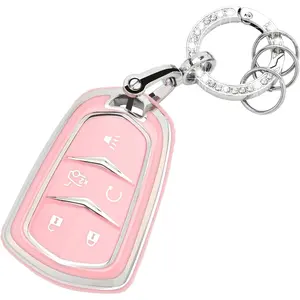 for Cadillac Key Fob Cover - Soft TPU Key Case Protection with Bling Keychain Fit for Cadillac Escalade CTS SRX XT5 ATS CT6 5 Buttons Smart Key Case