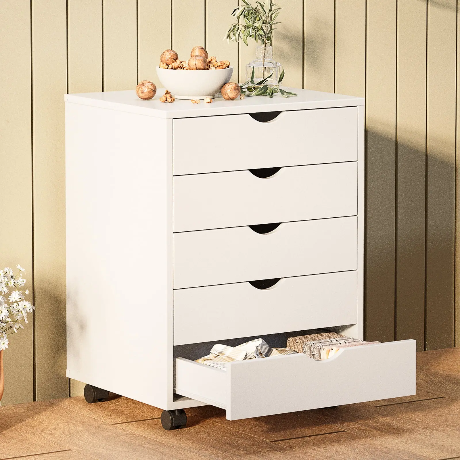 Gianna 5-Drawer Portable Storage Cabinet on Wheels for Office, Bedroom & Home Organization, White