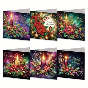 6 Pieces of Christmas Themed Design Diamond Painting Greeting Card Set, Unique Rhinestone Art Embellishment Mosaic, Durable Card