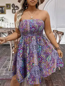 Plus Size Women Boho Print Casual Wear Bohemian Chic Ruched Dress, Strapless Sleeveless Gathered Tube Top, Perfect for Summer Vacation, Music Festivals, Parties