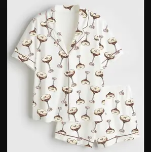 Women's Espresso Martini Satin Pajama Set for Adult & Youth Short-Sleeve Top & Elastic Waistband Pants Nightwear, Original color, Short-Sleeve Pajamas (no pocket)