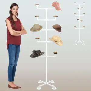 Hat Rack Stand, Metal Hat Display Rack, Standing Hat Rack with 10 Hooks, Pipework Hat Stands for Hanging Hats and Wigs, White