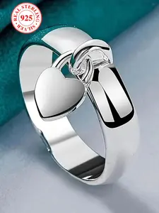 S925 Sterling Silver Heart Pendant Ring, Unisex Fashionable Polished Finger Ring with Box, Silver Color Love Charm Jewelry Gift, Heart Design Ring, Heart Shaped Ring, Statement Rings, Unique Rings