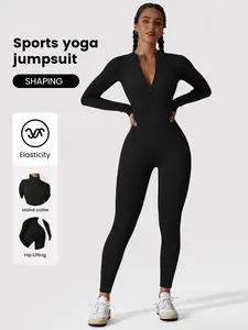 Women's Solid Color Zipper Sport Jumpsuit, sportswear jumpsuits, Elastic Yoga Fitness Outdoor Casual Wear, Long Sleeve Above the Ankle, All Seasons
