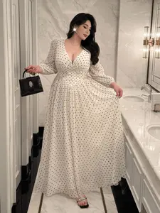 New Plus Size Women's Polka Dot V-Neck Long Sleeve Elegant Dress, Stylish Casual Wear, Perfect for Daily, Comfortable and Chic Design