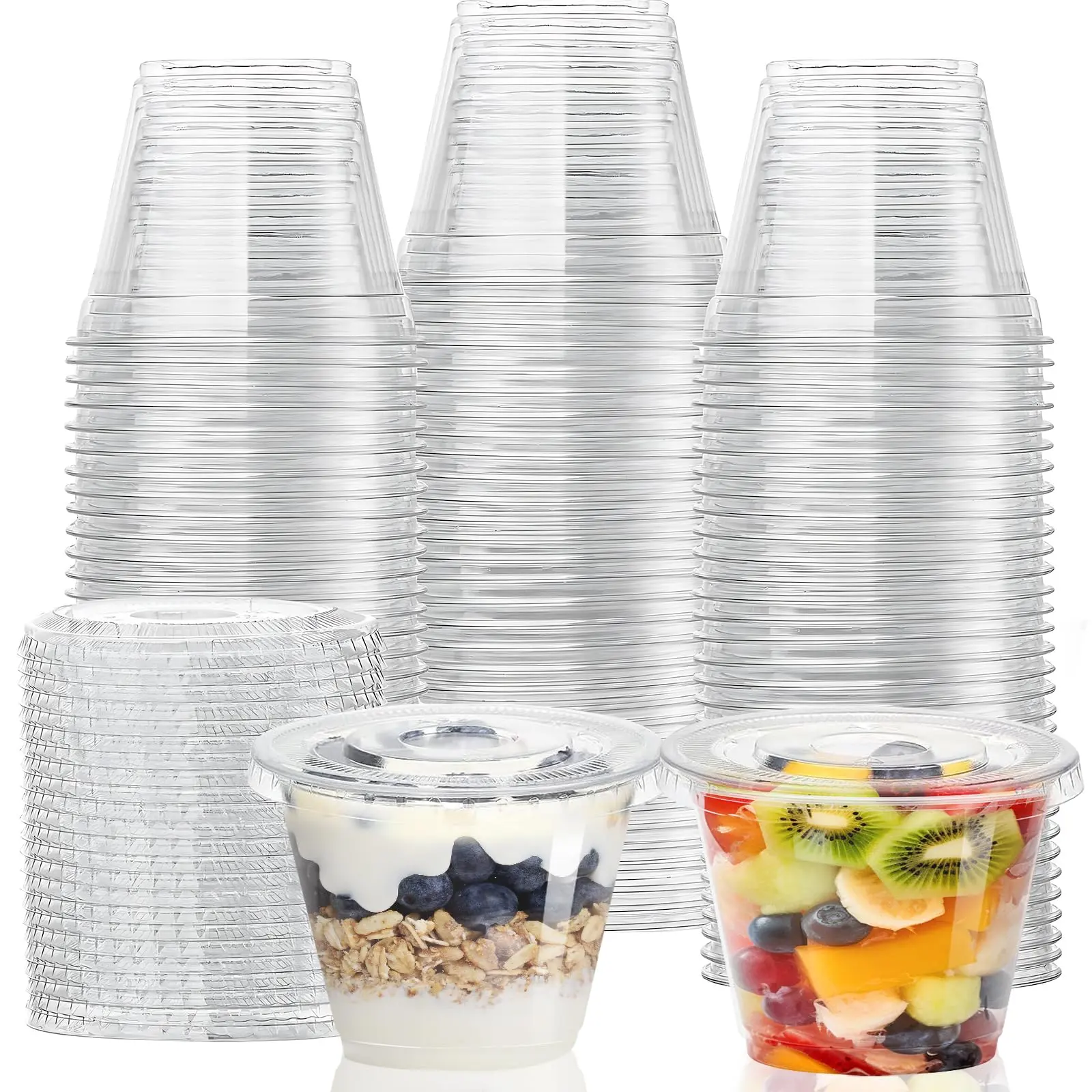 9 oz Clear Transparent Plastic Cups with Flat Lids No Hole, Reusable Dessert Cups with Lids for Ice Cream, Cake, Snacks, Fruit, Cold Drinks, Smoothie, Pudding, Salad, Party Supplies