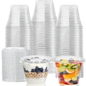 9 oz Clear Transparent Plastic Cups with Flat Lids No Hole, Reusable Dessert Cups with Lids for Ice Cream, Cake, Snacks, Fruit, Cold Drinks, Smoothie, Pudding, Salad, Party Supplies
