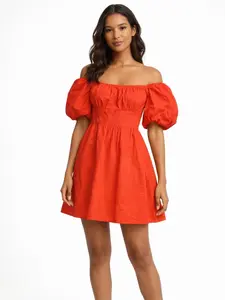 Women's Off Shoulder Puff Sleeve Mini Dress, Red, Size Medium