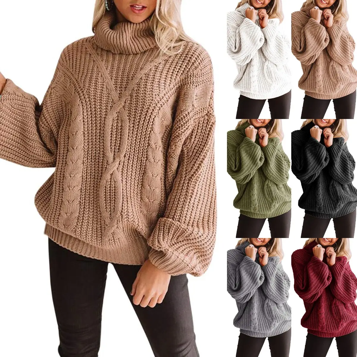 Goranbon Lady's Plus Size Turtleneck Knitwear Garment - Chunky Knit, Lantern Sleeve, Loose Cowl Neck Pullover Jumper Top with Hip-Flattering Fit, Basic Womenswear, Skinny, Stretchy
