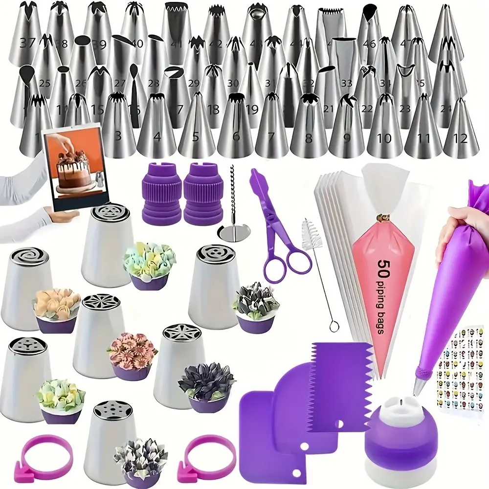 117pcs Piping Bag Set, Pastry Decorating Tools, Cake Decorating Tools, Cake Decoration Supplies, Includes 48 Tips, 7 Russian Tips, 3 Scrapers, 2 Silicone Rings, 2 Small Adapters, 1 Large Adapter, 1 Brush, 50 Disposable Bags