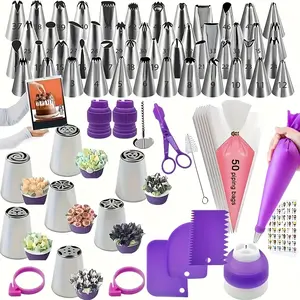 117pcs Piping Bag Set, Pastry Decorating Tools, Includes 48 Tips, 7 Russian Tips, 3 Scrapers, 2 Silicone Rings, 2 Small Adapters, 1 Large Adapter, 1 Brush, 50 Disposable Bags