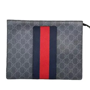 Pre-owned GUCCI Leather Clutches & Wristlets Navy Blue Zip Clutch GG Coated Canvas with Red and Navy Stripes