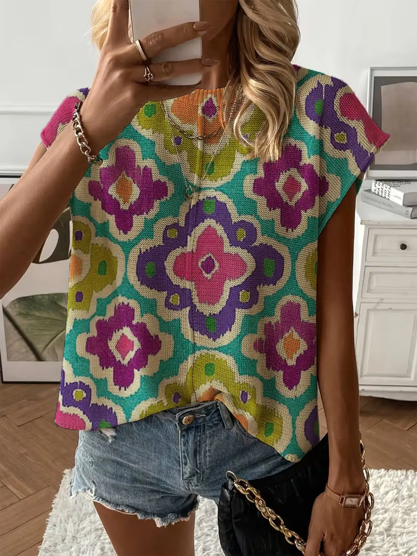 Summer Round Neck Short Sleeve Knit Top, Loose Fit Geometric Floral Print, Casual Elegant Commuter, Bikini Cover-Up, Women's Fashion, Womenswear