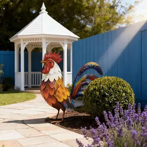 Outdoor wrought iron simulated rooster ornament, hand-forged metal rooster sculpture with delicate feather texture and a proud, upright posture, treated for rust resistance and weather resistance, suitable for use in courtyards, lawns, and garden paths