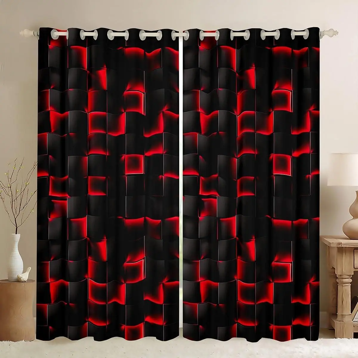 Red and Black Blackout Curtains Geometric Checkered Window Curtains Men Gaming Room Decor,Abstract Ombre Plaid Grids Window Treatments Drapes 2 Panels