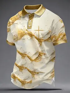 Men's Casual Golf Polo Shirt, Jesus Cross Print, Polyester Fabric, Breathable, Fitted, All Seasons