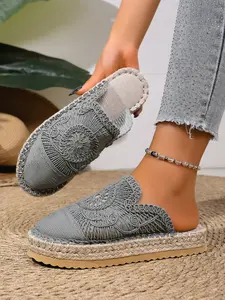 Women's Boho Mule Shoes, Hollow Out Crochet Toe Flip Flops, Breathable Lightweight Comfort, Non-Slip Textile Upper, Rubber Sole