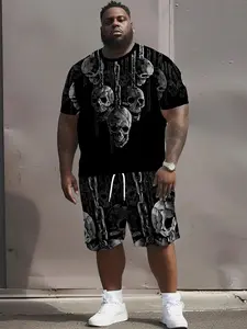 Men's Two-Piece Set, Short Sleeve Colorblock T-Shirt and Shorts, Casual Summer, Skull Print, Fitted, Regular Length