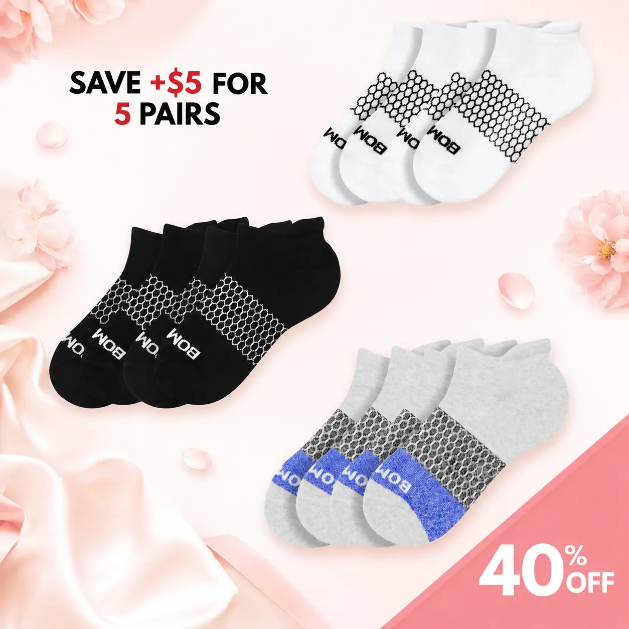 Pack 1/3/5 Bombas Ankle Socks, Cushioned Footbed & Honeycomb Arch Support, Seamless Toe, Blister Tab, Soft Cotton Blend, Size S, M, L, Women's Men's Daily wear