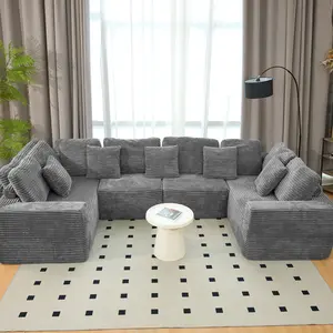 135.5''Modular U-Shaped Sectional Sofa, 6-Seater Chaise Lounge with Reversible Design, Boneless Sofa, Striped Corduroy Fabric in Gray – Customizable Living Room or Bedroom Couch, Freely Configurable Layout.