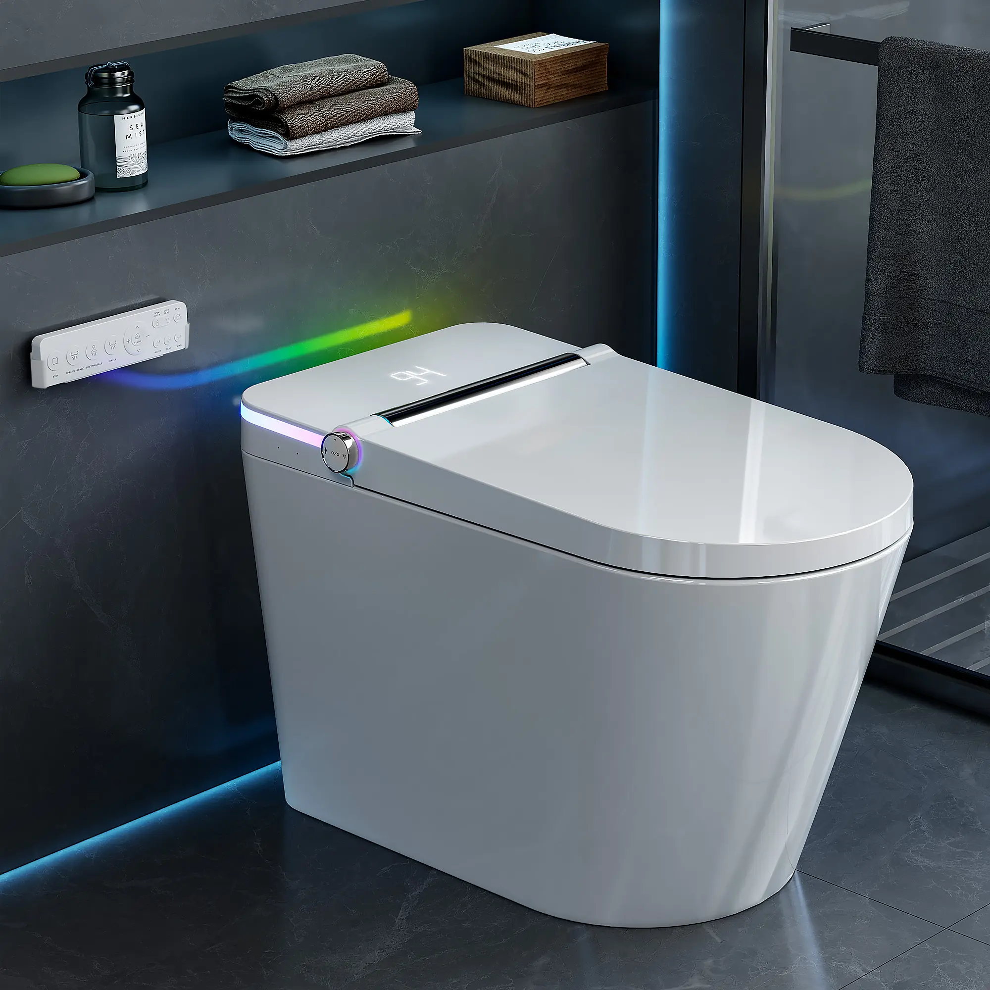 1.28 GPF Tankless Smart Toilet - Modern 1-Piece Elongated Bidet Toilet with Auto Flush, Heated Seat, Warm Air Dryer, Warm Water Wash, Auto Open/Close, LED Night Light, Wireless Remote, Eco-Friendly Easy-Clean Bathroom Upgrade, White Smart Home Essential