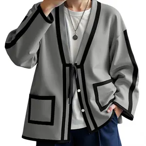 INCERUN Men's Japanese Zen Long Sleeve Kimono Cardigan Sweater - Menswear Color Block Striped Accents, Casual Loose Knitwear Loungewear Tops, All-Season Streetwear Outerwear (Unisex Human-Friendly Design)
