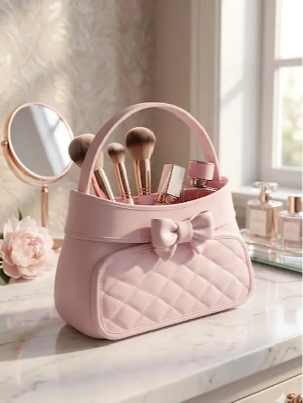 Hand Made Item Coquette Quilted Makeup Organizer - 3D Printed Handbag Style Pen & Brush Holder for Vanity Desk, Pink Cutecore Aesthetic, Cute Girly Gifts