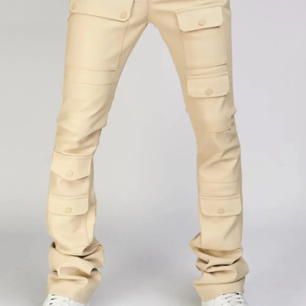 Majestik PU leather Stacked Pants with oversized pockets Beige Menswear Stylish Street Style Trouser Man