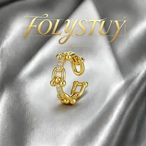 【FOLYSTUY（DCA RING)]Retro Horseshoe Chain Ring for Women, 18K Gold Plated, Adjustable Open-End, Pig Nose Chain, Diamond-Embedded, Luxury Index Finger Ring