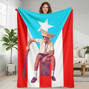 Soft Funny Throw Blanket pop singer Puerto Rico Flag Flannel Blanket Folk Art Farmer Illustration Tropical Rustic Style Soft Warm Cozy Throw for Sofa Bedroom Travel Picnic Beach Decor Gift