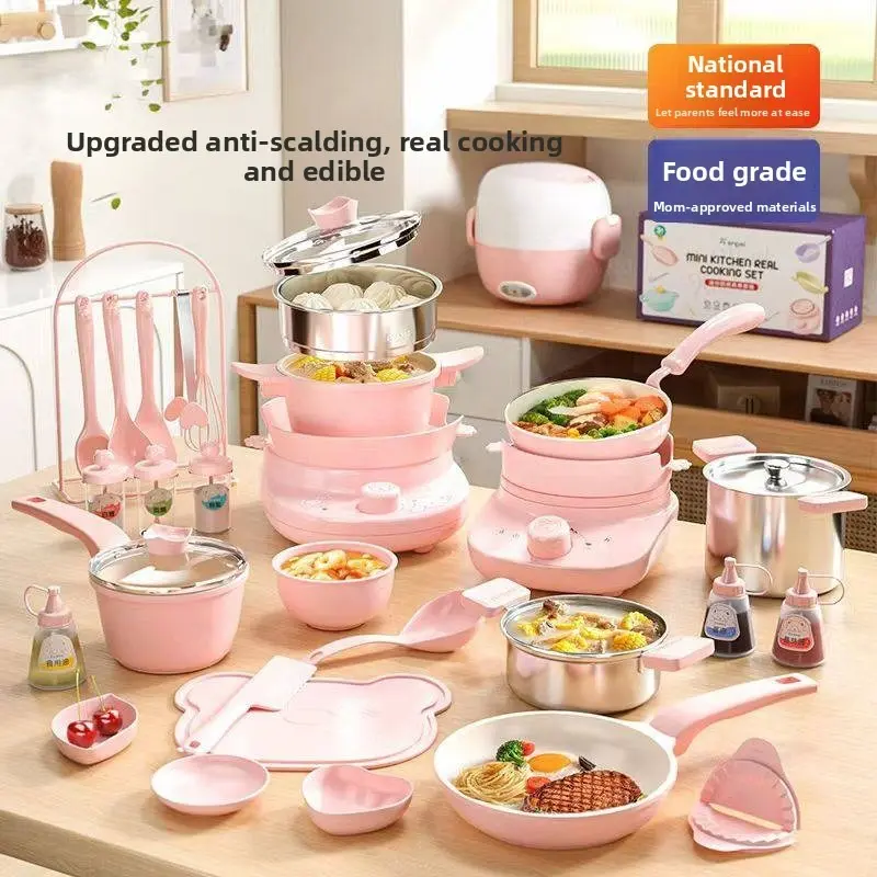 「Pink Mini Real Cooking Kitchen Set (Food-Grade & Anti-Scald) | Kids’ Edible Play Chef KitParent-Child Interactive Cooking Set」