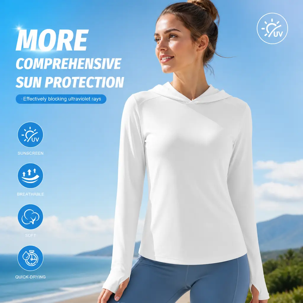 Women's UPF 50+ UV Shielding Hoodie - Quick Dry, Breathable, Compression, Plain Long Sleeve Activewear Workout, Athletic Fashion Activewear for Hiking, Running