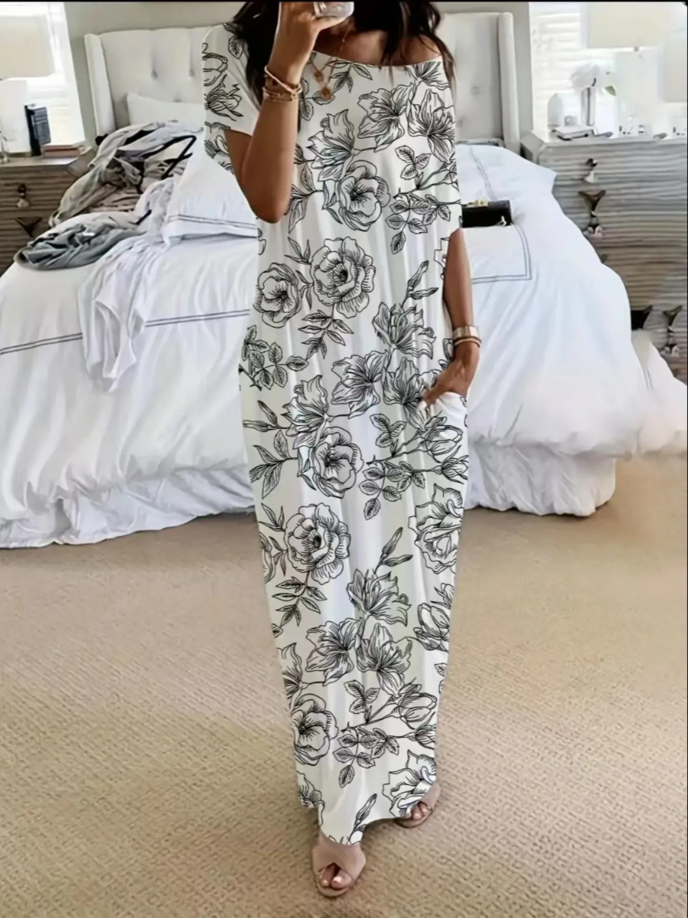 Women's Floral Print Batwing-Sleeve Nightgown with Pocket, Comfortable Loose-Fit Printed Nightdress for Home & Sleep, Fashionable Nightwear & Loungewear