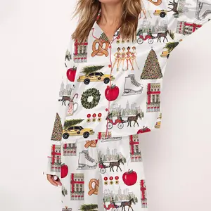 SHESHOW Christmas In New York Satin Pajama Set For Women Print Comfy Satin Sleepwear & Loungewear Pjs Printing Silky Top & Bottoms