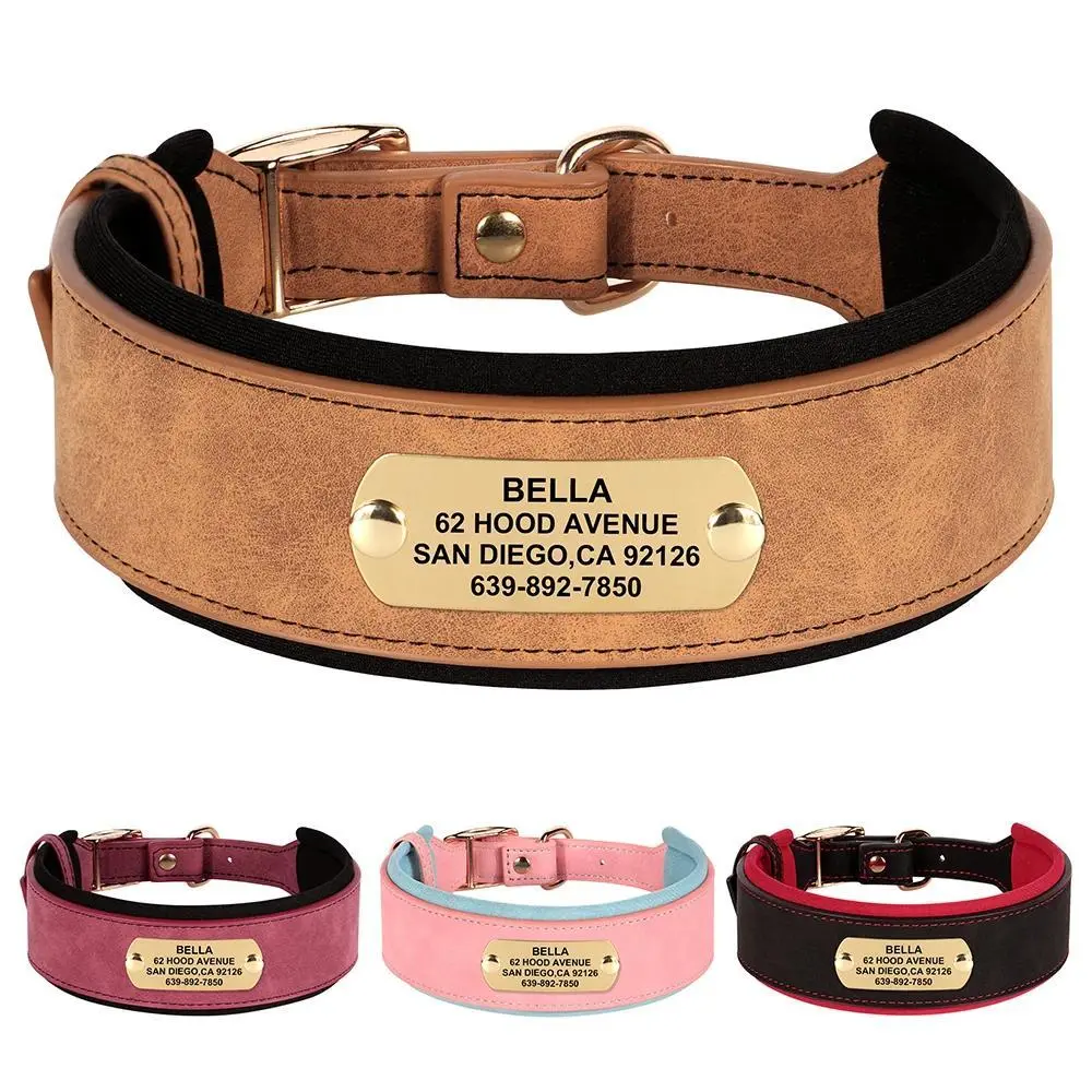 Personalized PU Leather Dog Collar Soft Padded Wide Dog Collars Customized Pet Tag Name Necklace for Medium Large Dogs Pitbull