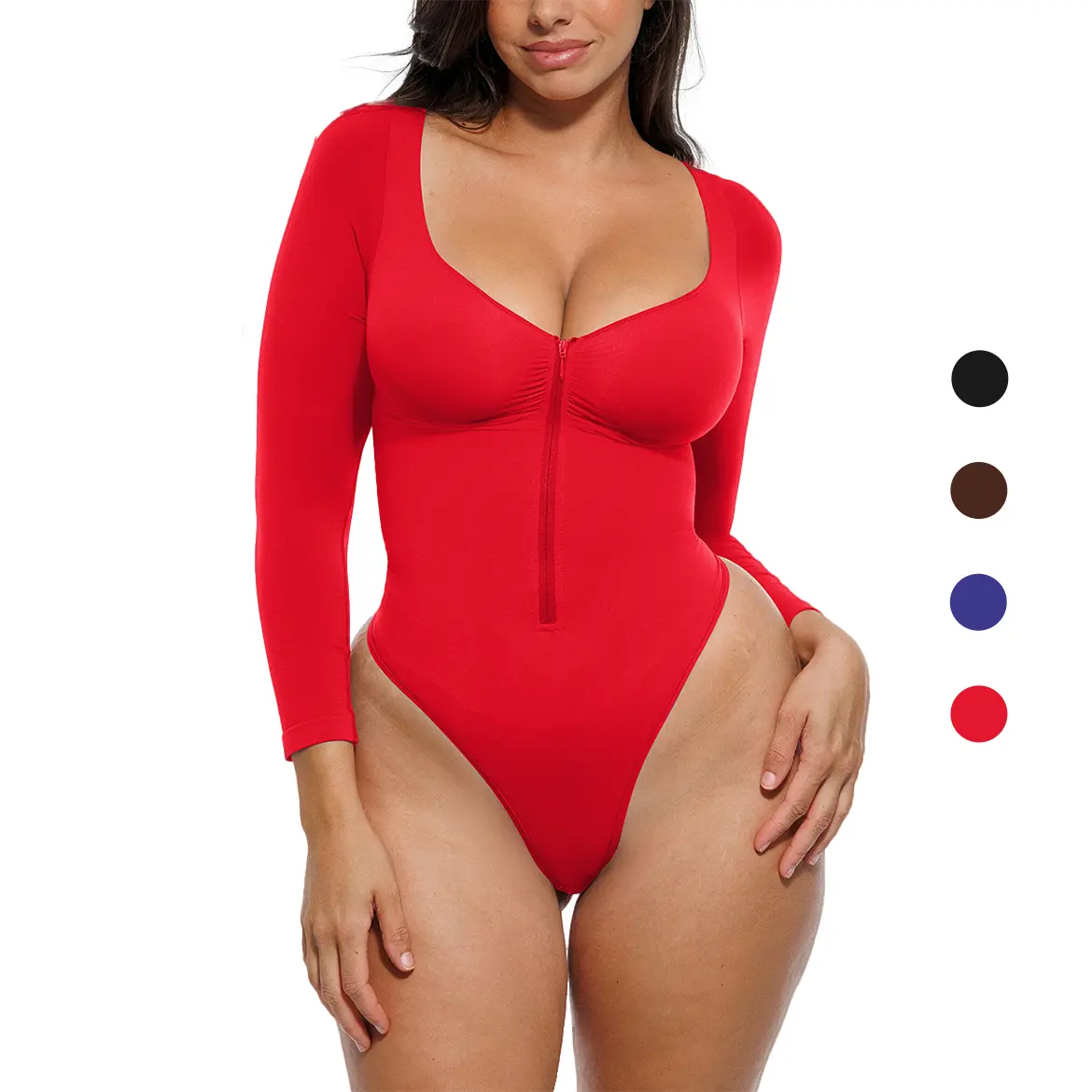 Shapellx Seamless SummerVibes Full-Body Zipper Shaper Bodysuit | Fitted Long Sleeve Shapewear with Bust Support & Thong Bottom for Women