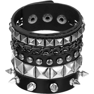 3 count Punk Rock Studded Bracelets Set, Spiked Studded Bracelet Cuff 80s Emo Goth  Accessories Wristband Adjustable