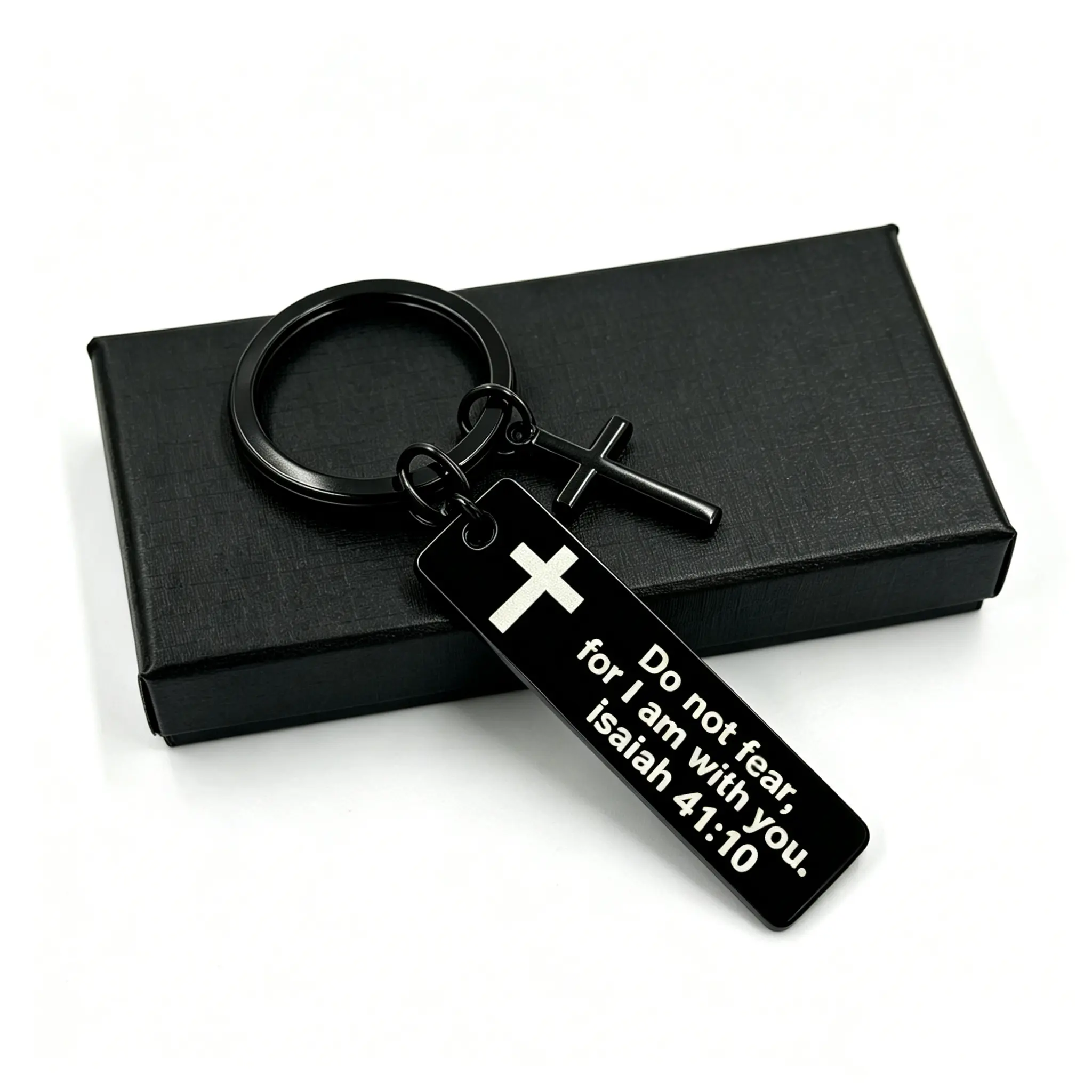 HOLDNEAR Black Stainless Steel Engraved Bible Verse Keychain - Rustproof, Pocket-Size 1.97" x 0.47" Keychain Accessory with Cross Charm, Inspirational Christian Father's Day Gift for Men and Women
