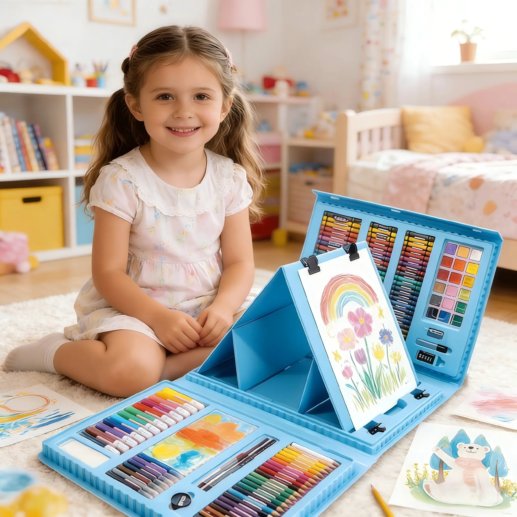 Art Supplies, 208-Piece Drawing Art Kit, Gifts for Kids Girls Boys Teens, Art Set Crafts Case with Double Sided Trifold Easel, Includes Sketch Pads, Crayons, Colored Pencils, Perfect Easter Gifts for Grandson and Granddaughter (Blue) tiktokshopspringglowu